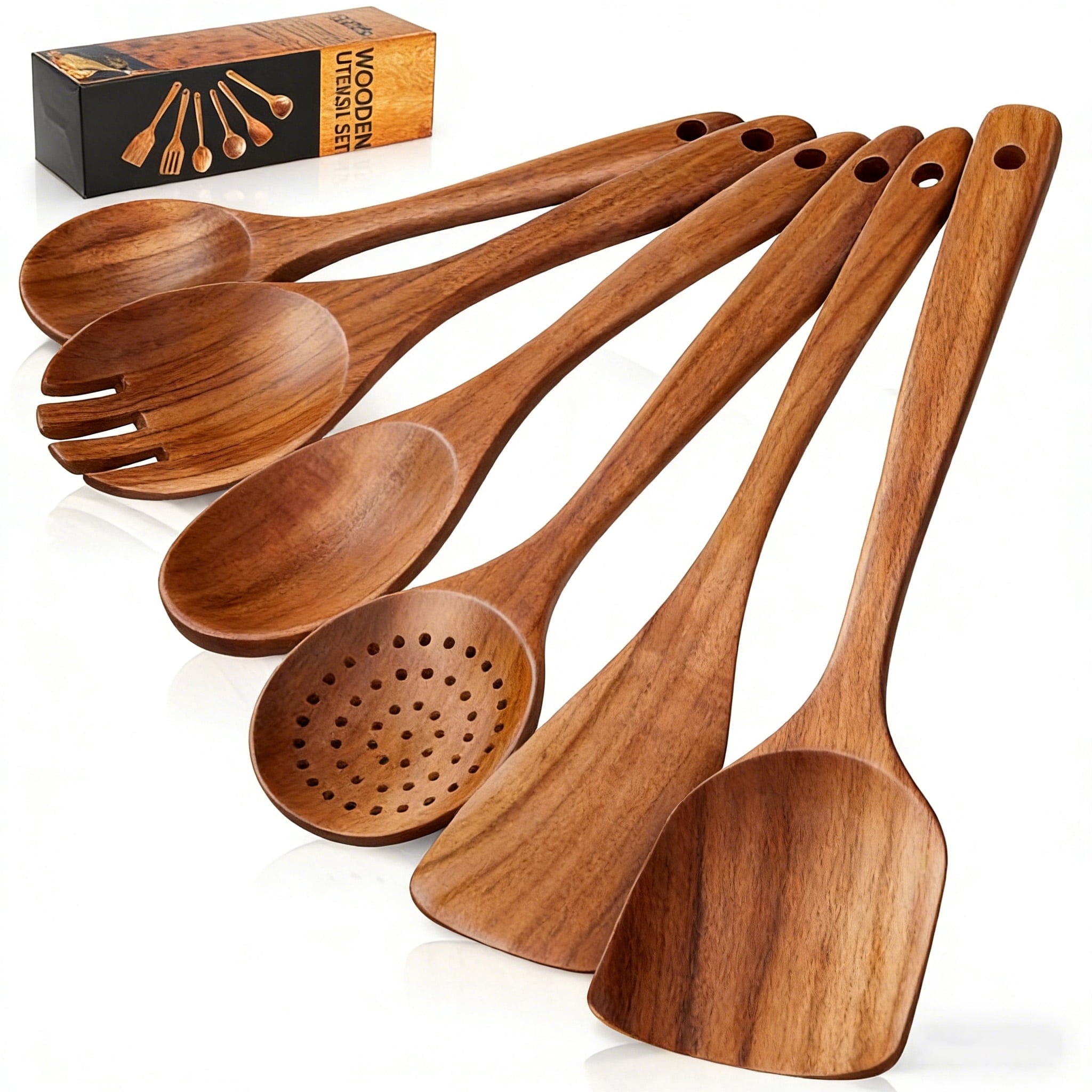 Wooden Spoons for Cooking, 6 PCS Teak Wood Cooking Utensil Set, Wooden Kitchen Utensils for Nonstick Pans & Cookware,...
