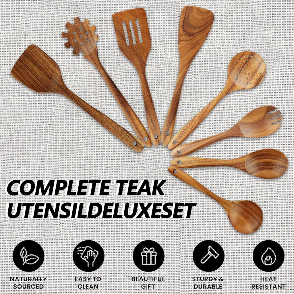 10Pcs Wooden Spoons for Cooking, Smooth Finish Teak Wooden Utensils for Cooking, Soft Comfort-Grip Wood Spoons for Co...