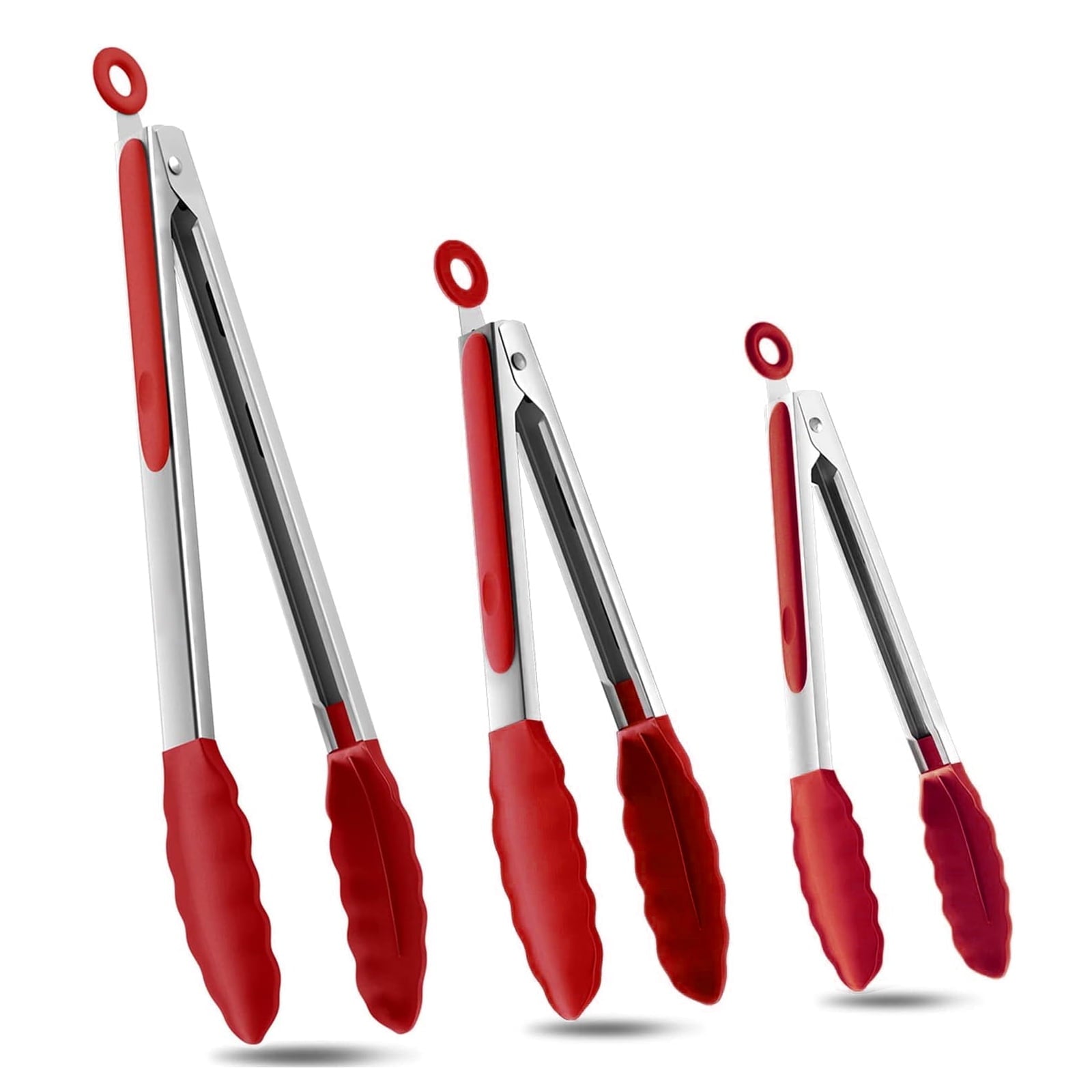Stainless Steel Kitchen Locking Cooking Tongs with Silicone Tips,Set of 3-7" 9" 12", Red