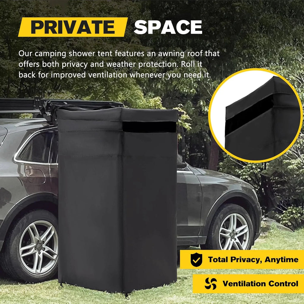 BUNKER INDUST Vehicle Side Shower Tent with Roof, Portable Outdoor Camping Privacy Shower Room Waterproof Awning, Built-in LED Light for Night, Black
