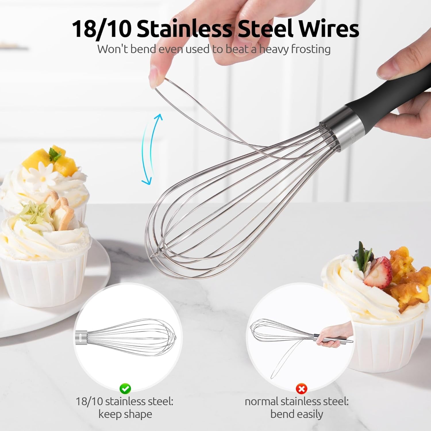 Whisk for Cooking: 18/10 Stainless Steel Kitchen Wire Whisk, Medium Heavy Duty Egg Beater, Manual Bak...