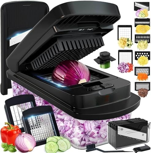 10-in-1, 8 Blade Vegetable Chopper, Mandoline Slicer, Onion Mincer, Cutter, Dicer, Veggie Chopper with Con...