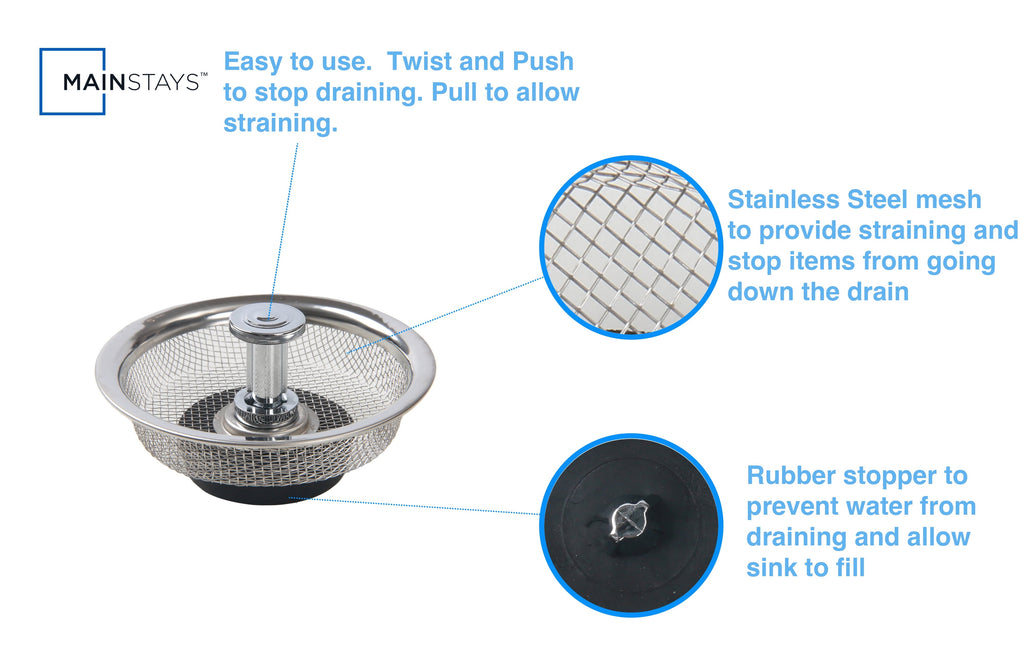 Stainless Steel Mesh Sink Strainer with Rubber Stopper Silver