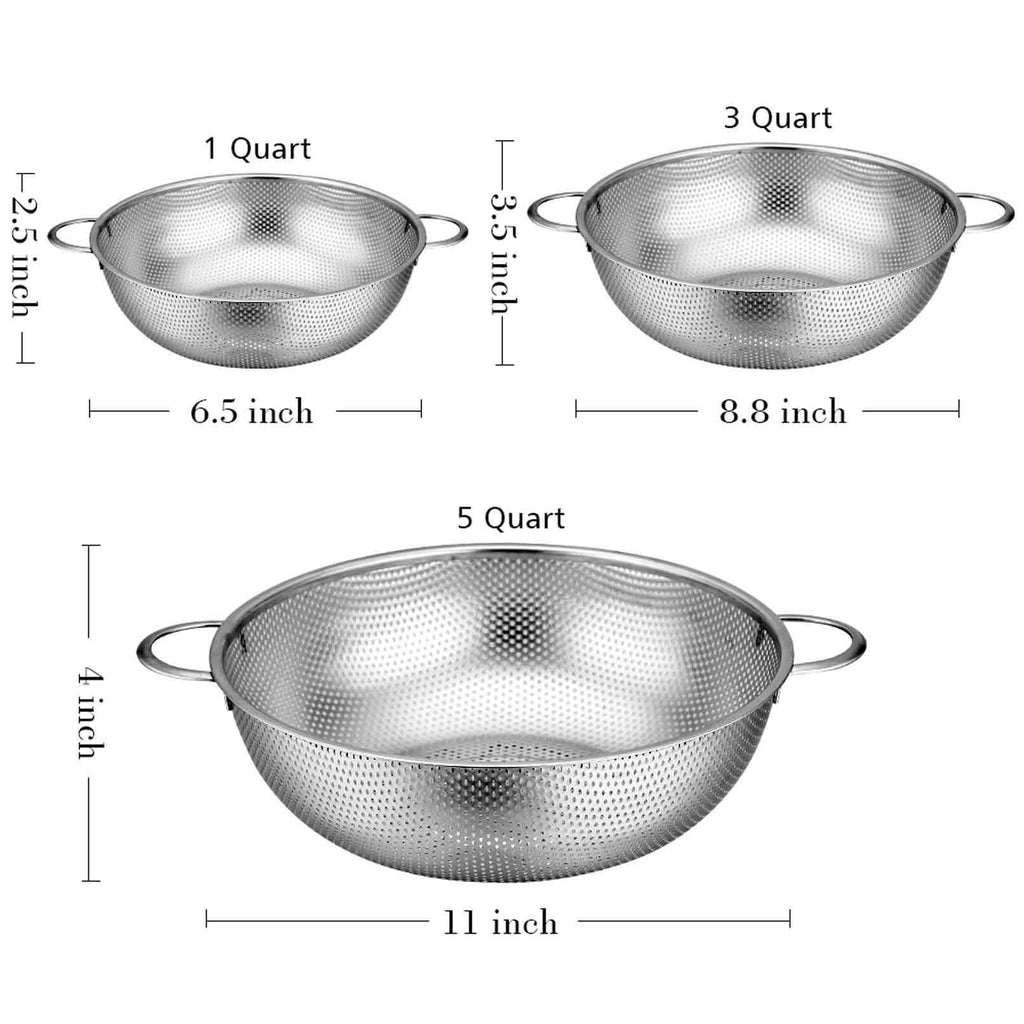 Stainless Steel Colander Set of 3, Micro-Perforated Colanders Strainers for Draining Rinsing - 1/3/5 Quart