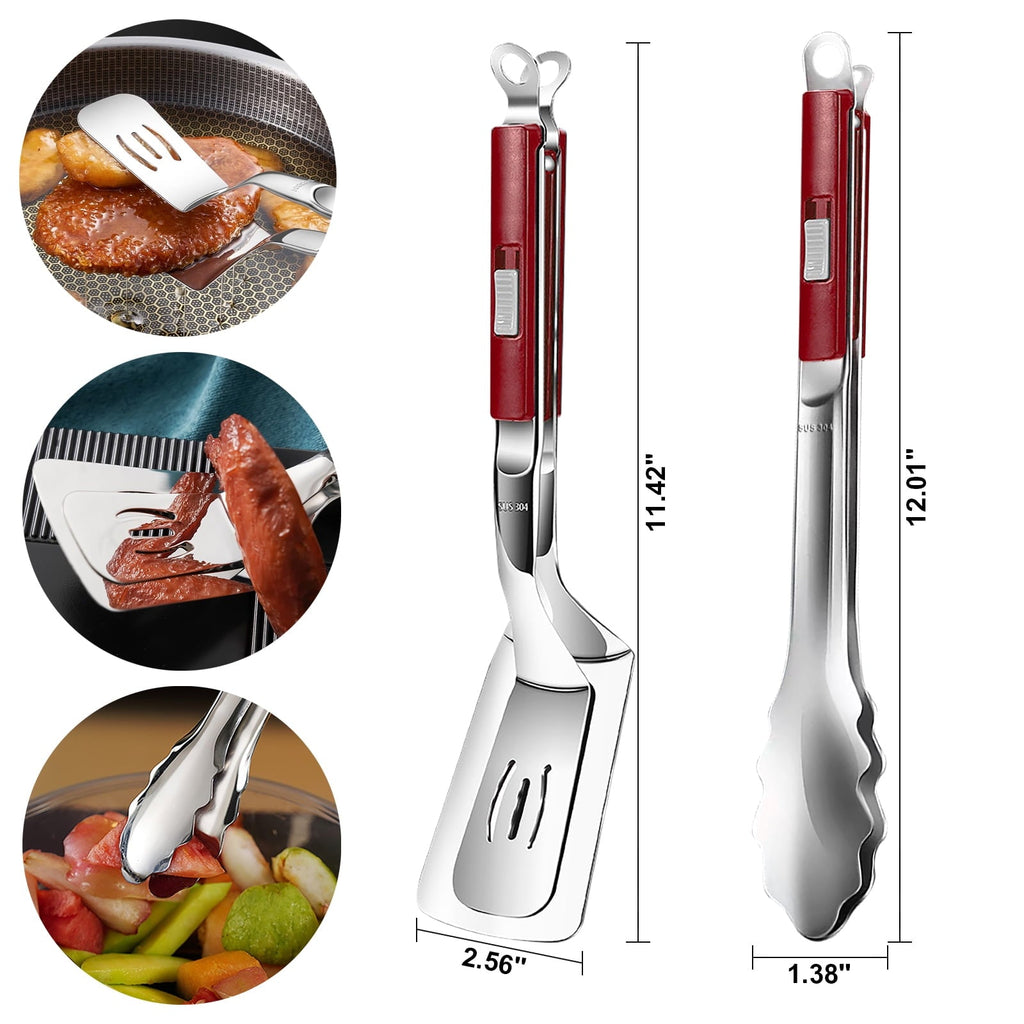 Tongs, Stainless Steel Spatula Tongs for Cooking, Grilling, Salad, 2 Pcs Turner Tong Set, 12"(Red)