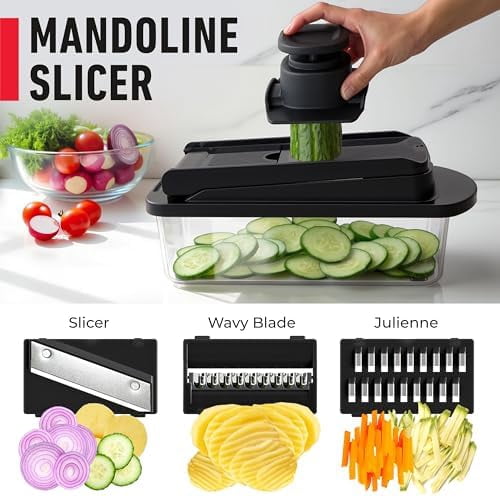 10-in-1, 8 Blade Vegetable Chopper, Mandoline Slicer, Onion Mincer, Cutter, Dicer, Veggie Chopper with Con...