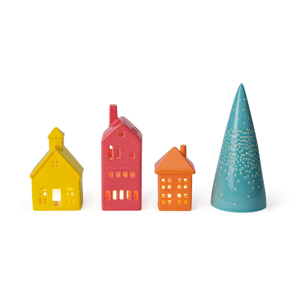 LED Lighted Colorful Ceramic Modern Village - Set of 4