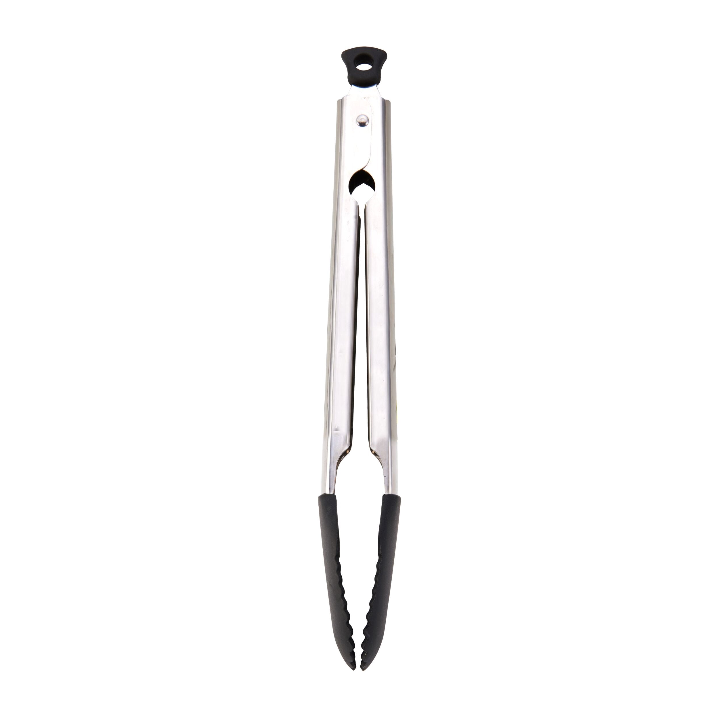 11-inch Silicone Tip Locking Food Tongs in Black and Stainless Steel