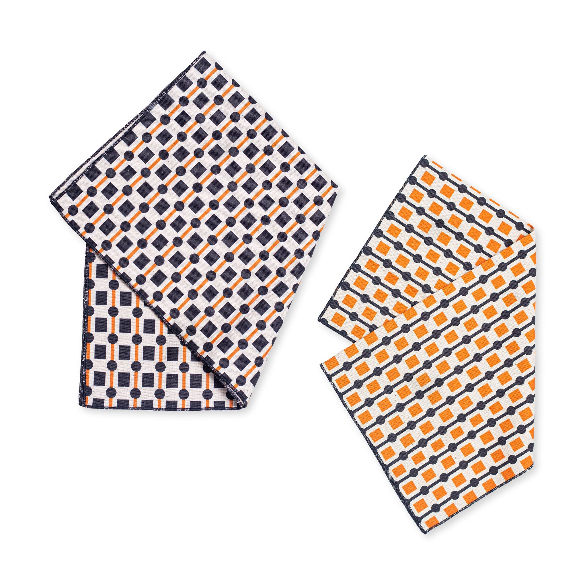 Geometric Cotton &amp; Linen Napkins - Set of 2 - Black/ Orange