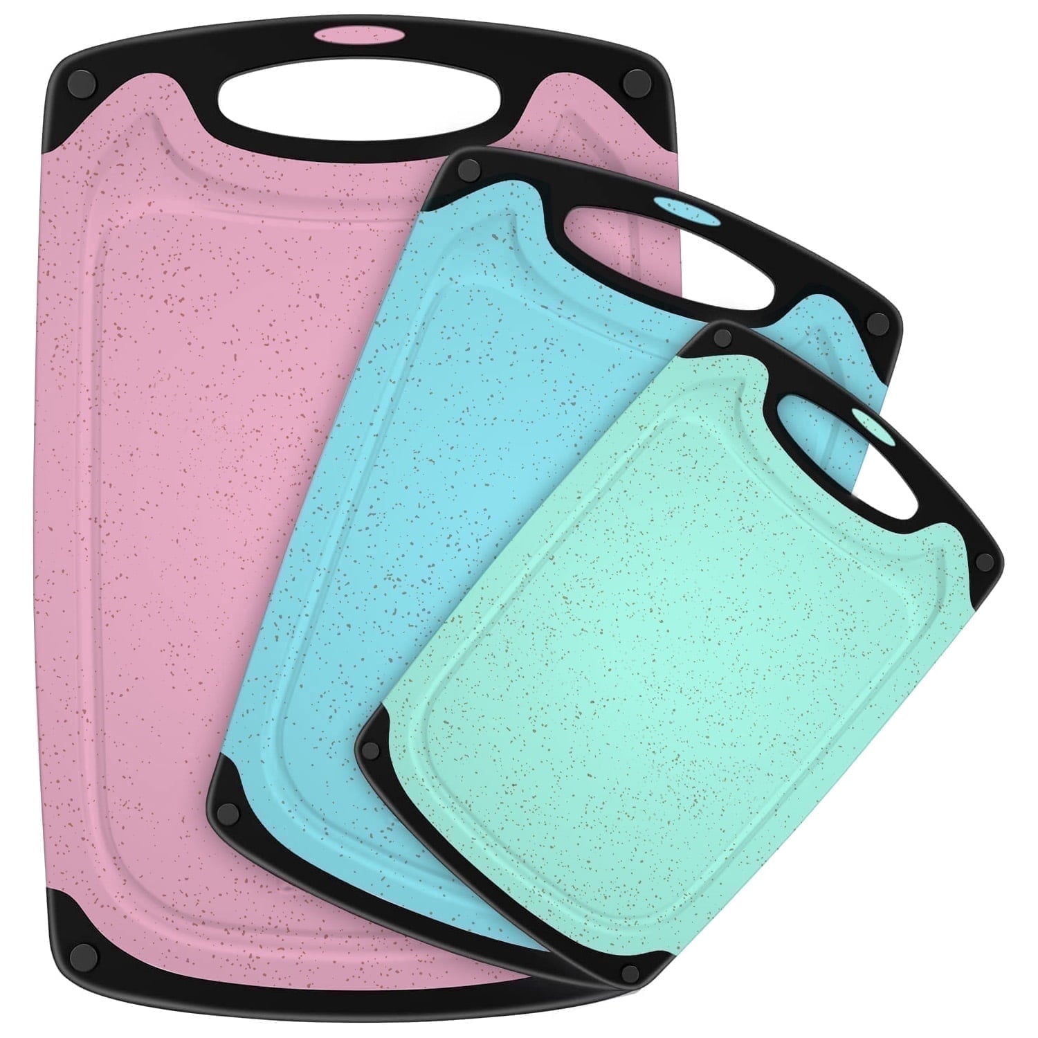 3-Piece Plastic Cutting Board Set, Durable Cutting Boards for Kitchen with Non Slip Handles and Juice Groove, Id...