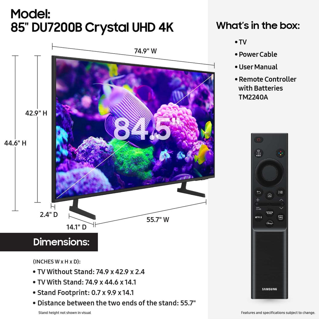 Samsung 85′′ Crystal UHD 4K Smart TV with PurColor &amp; HDR – DU7200B 2024 Model