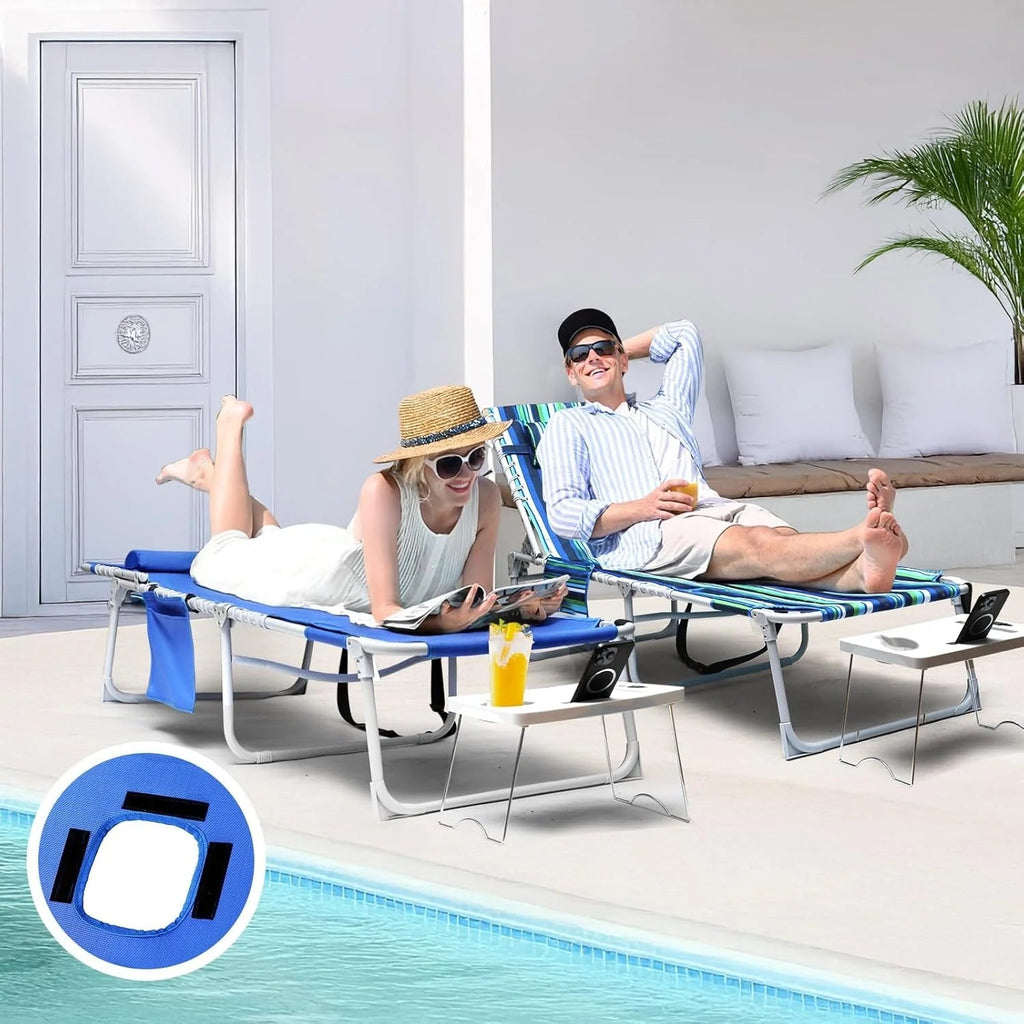 3-in-1 Outdoor Sun Tanning Lounge Chair with Face Hole 5-Position Recliner, Folding Side Table &amp; Removable Pillow, 330lbs Capacity, Blue