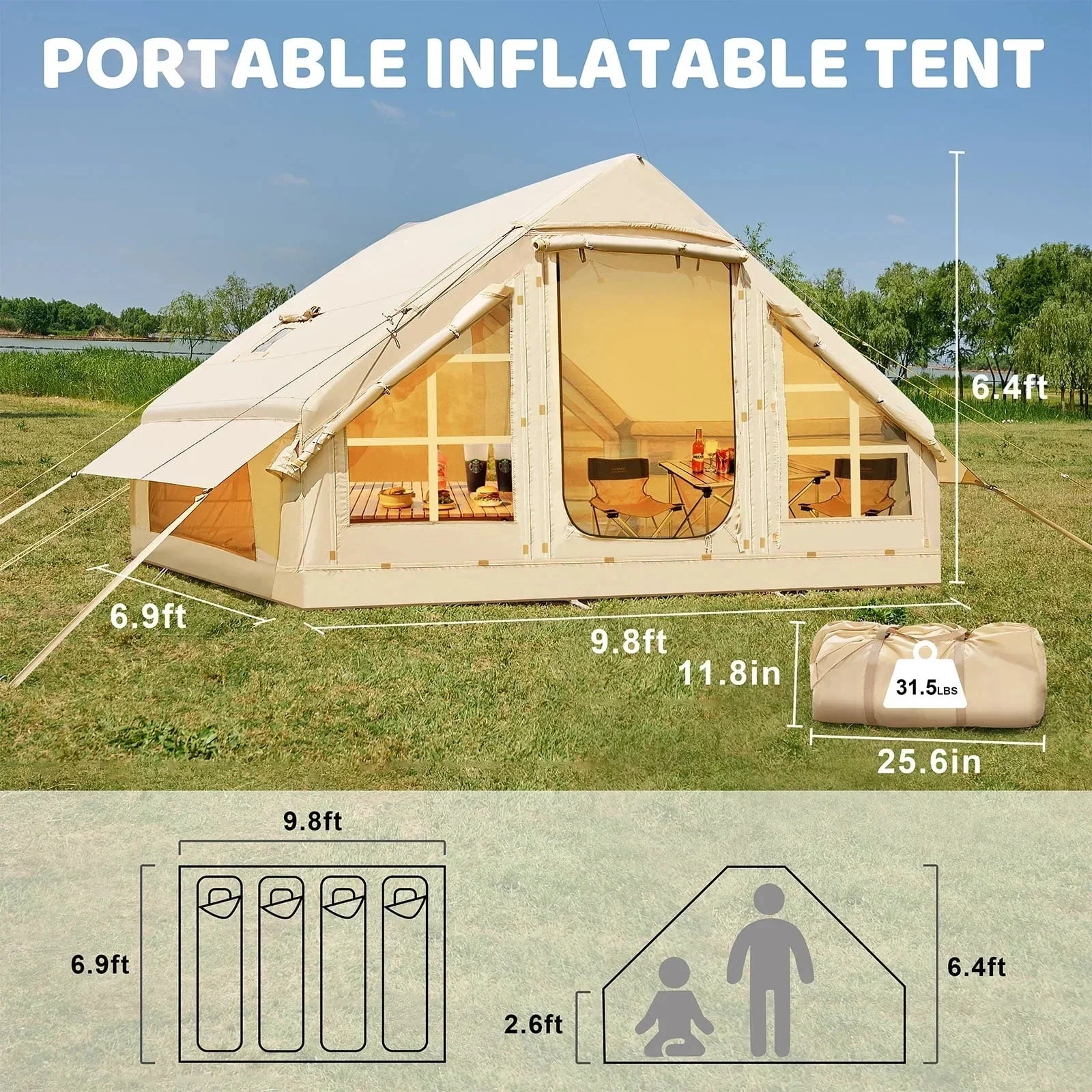 6 Person Inflatable Camping Tent with Pump, 10ft x7ft Glamping Family Tent Easy Setup 4 Season Waterproof Windproof Outdoor Blow Up Tent Luxury Oxford Cabin with Mesh Windows &amp; Doors sgtnighsdesigns
