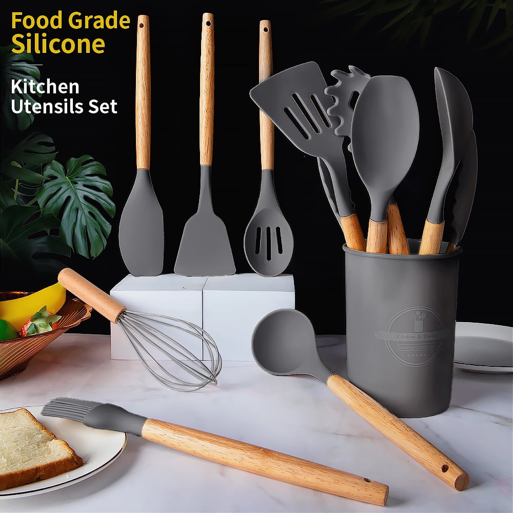 Silicone Wooden Heat Resistant Kitchen Utensil Set, 12 pcs