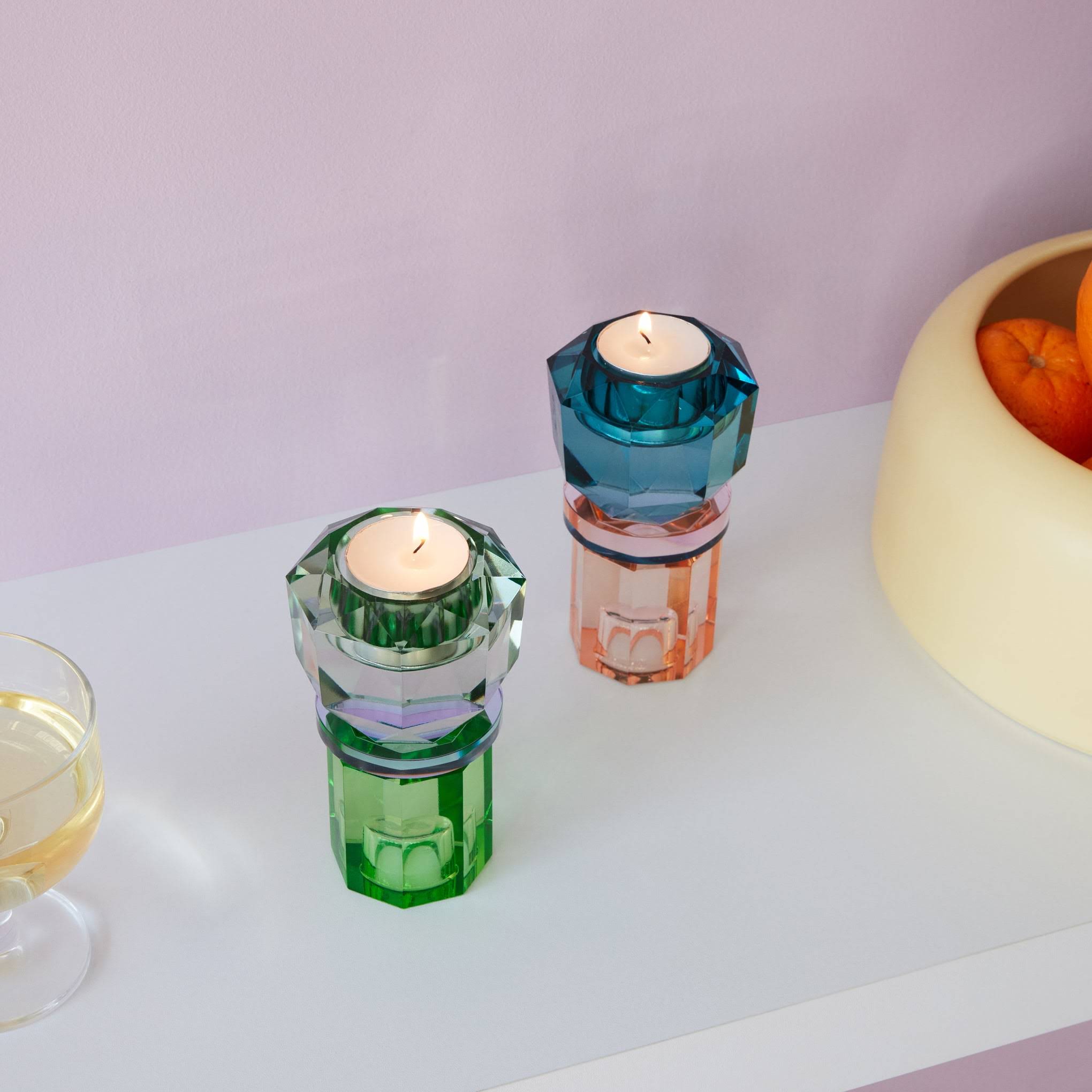 Faceted Crystal Candle Holder - Mint/ Violet/ Olive