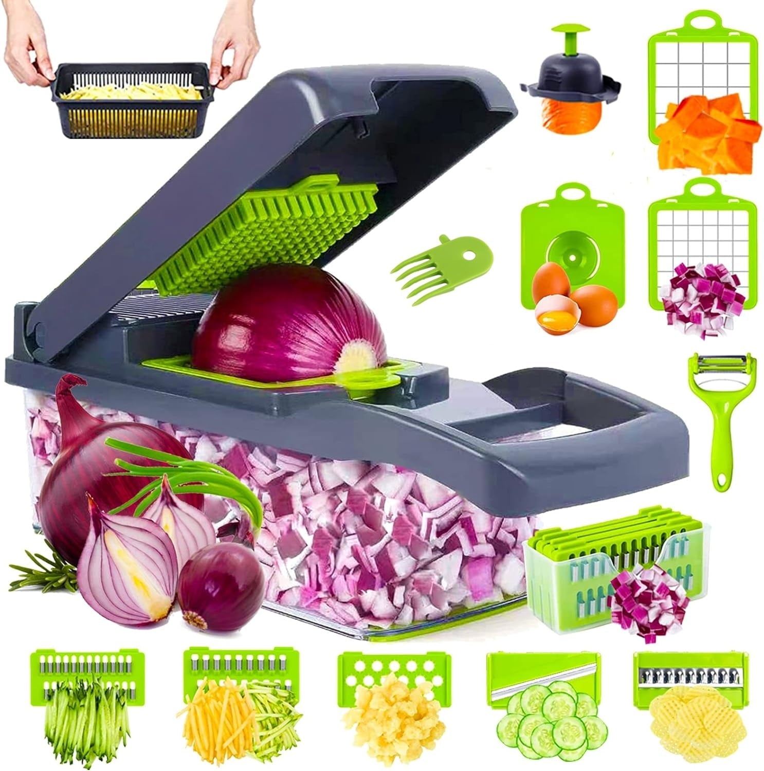 Vegetable Chopper, Veggie Chopper, Multifunctional 12 in 1 Food Chopper, Vegetable Slicer Dicer with 8 Blades, Onion ...