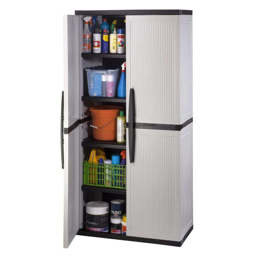HDX Gray Plastic Freestanding Garage Cabinet with Adjustable Shelves &amp; Lockable Doors, 35"W x 71"H x 18"D