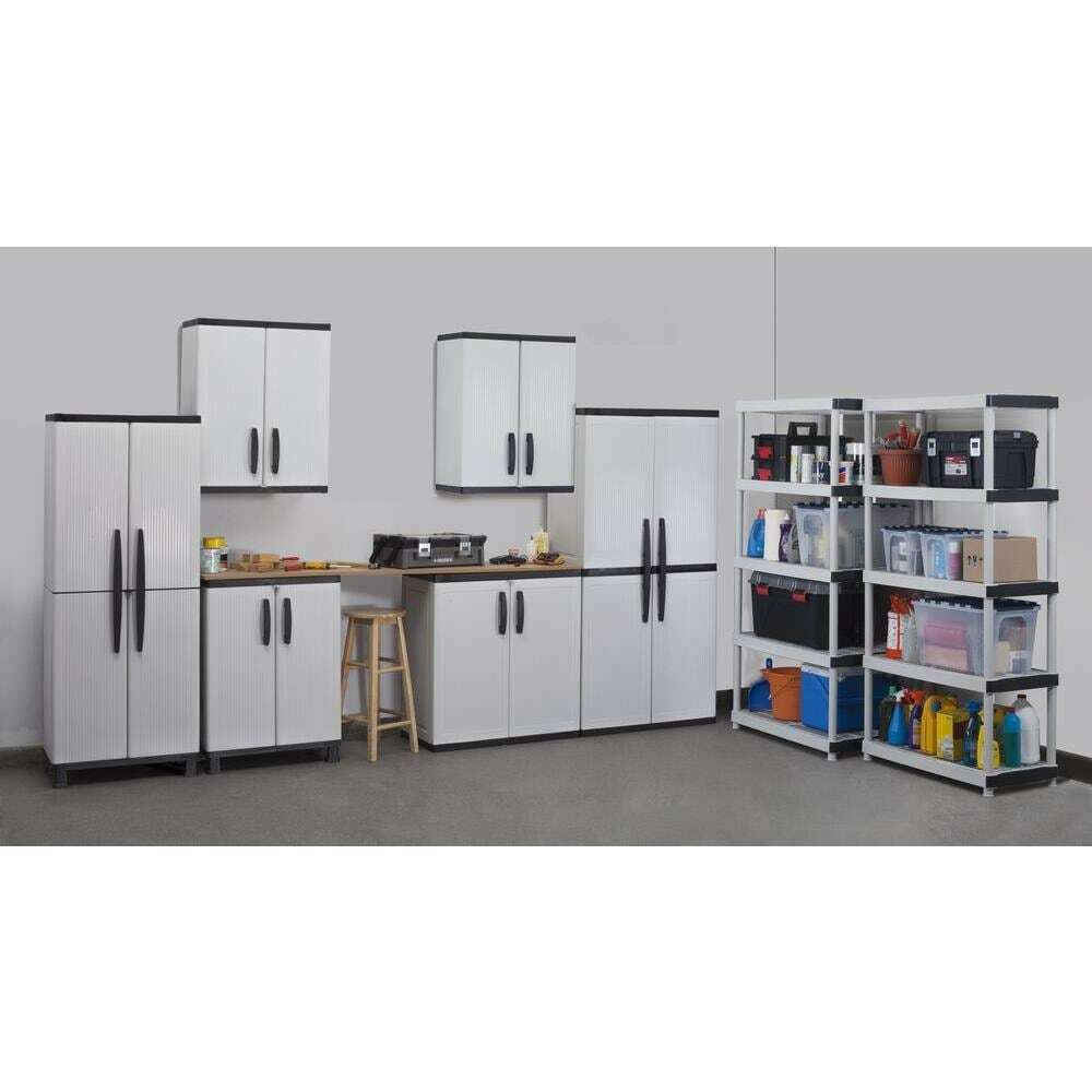 HDX Gray Plastic Freestanding Garage Cabinet with Adjustable Shelves &amp; Lockable Doors, 35"W x 71"H x 18"D