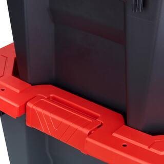Husky 45 Gal. Heavy Duty Stackable Storage Tote with Wheels, Lockable Black Base &amp; Red Lid