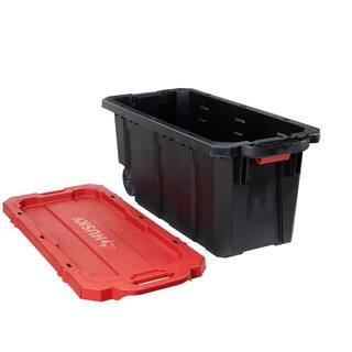 Husky 45 Gal. Heavy Duty Stackable Storage Tote with Wheels, Lockable Black Base &amp; Red Lid