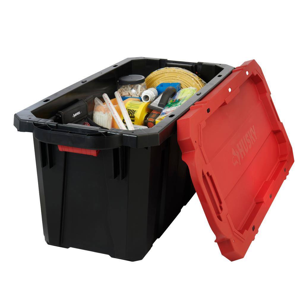 Husky 45 Gal. Heavy Duty Stackable Storage Tote with Wheels, Lockable Black Base &amp; Red Lid