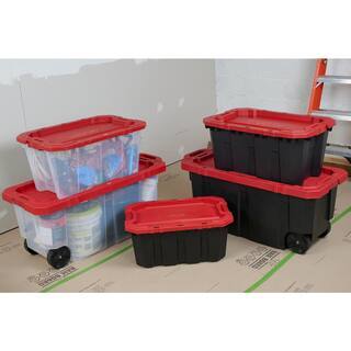 Husky 45 Gal. Heavy Duty Stackable Storage Tote with Wheels, Lockable Black Base &amp; Red Lid
