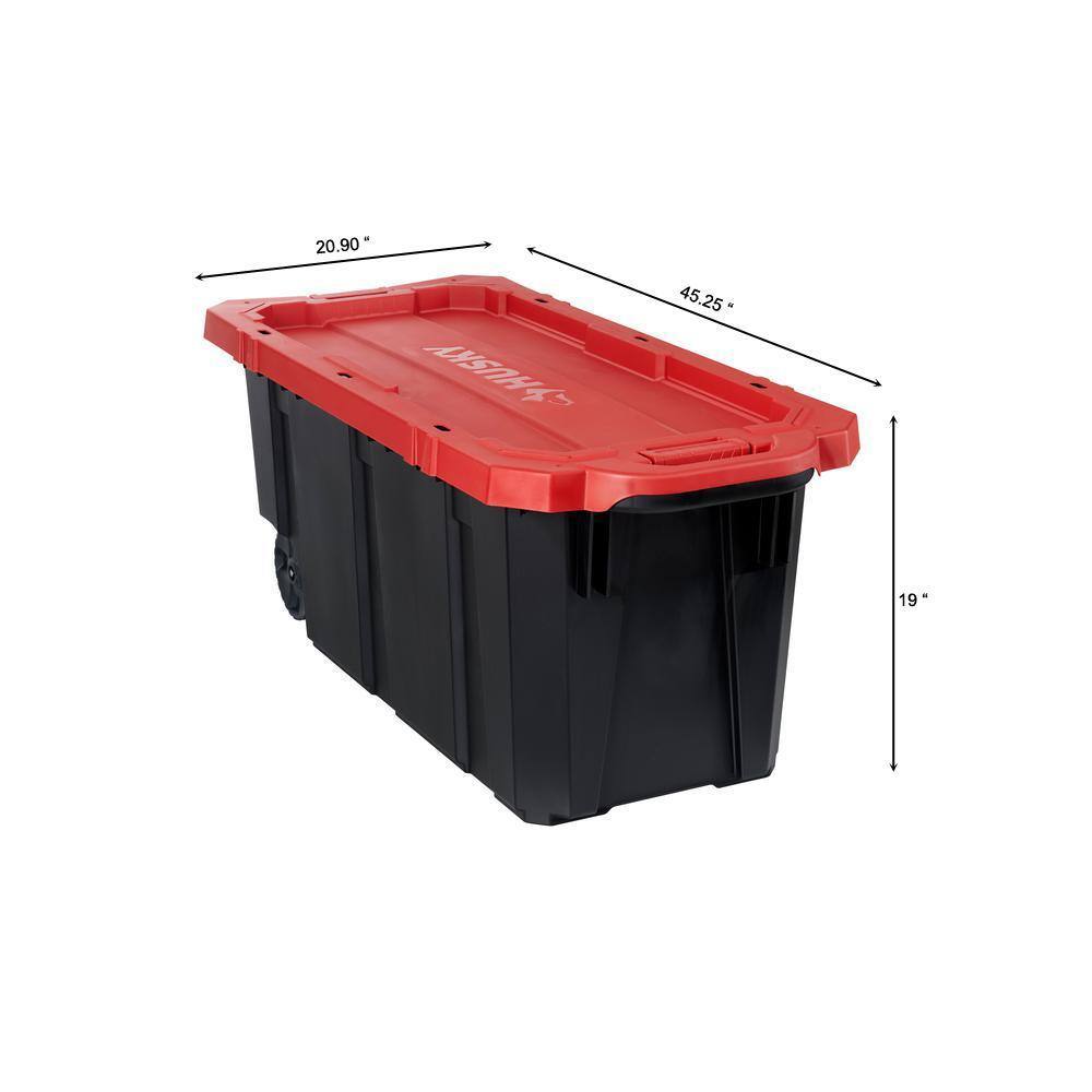 Husky 45 Gal. Heavy Duty Stackable Storage Tote with Wheels, Lockable Black Base &amp; Red Lid