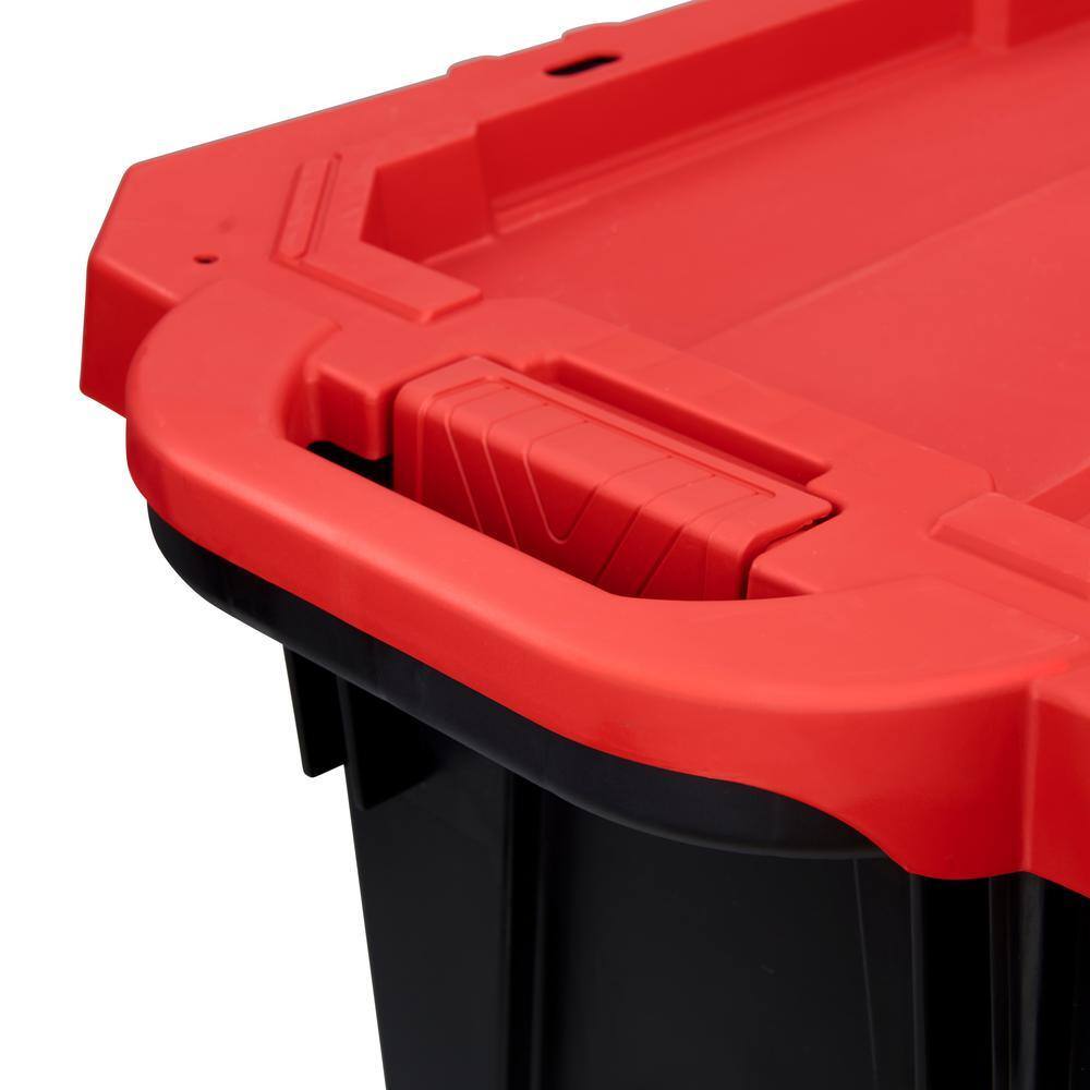 Husky 45 Gal. Heavy Duty Stackable Storage Tote with Wheels, Lockable Black Base &amp; Red Lid