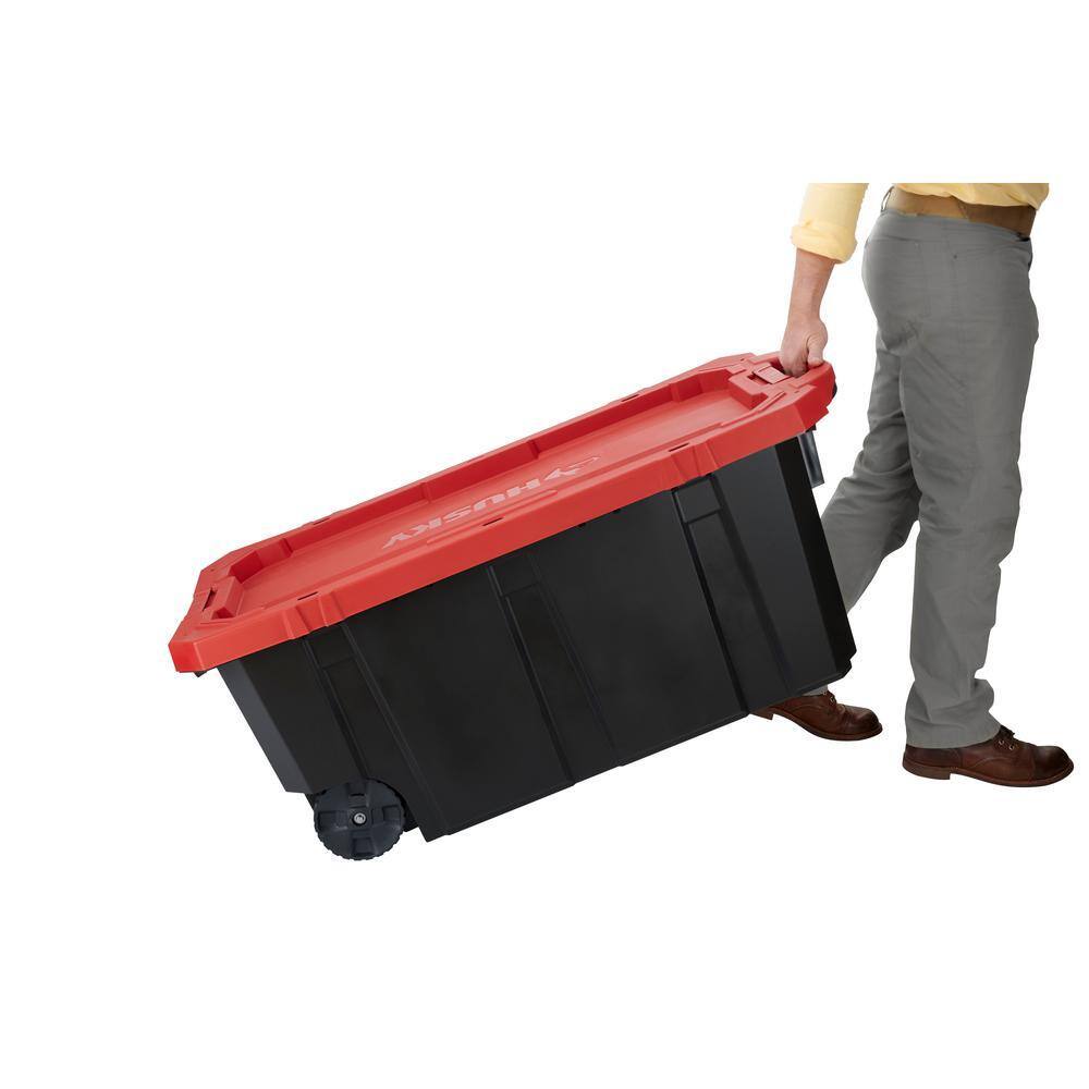 Husky 45 Gal. Heavy Duty Stackable Storage Tote with Wheels, Lockable Black Base &amp; Red Lid