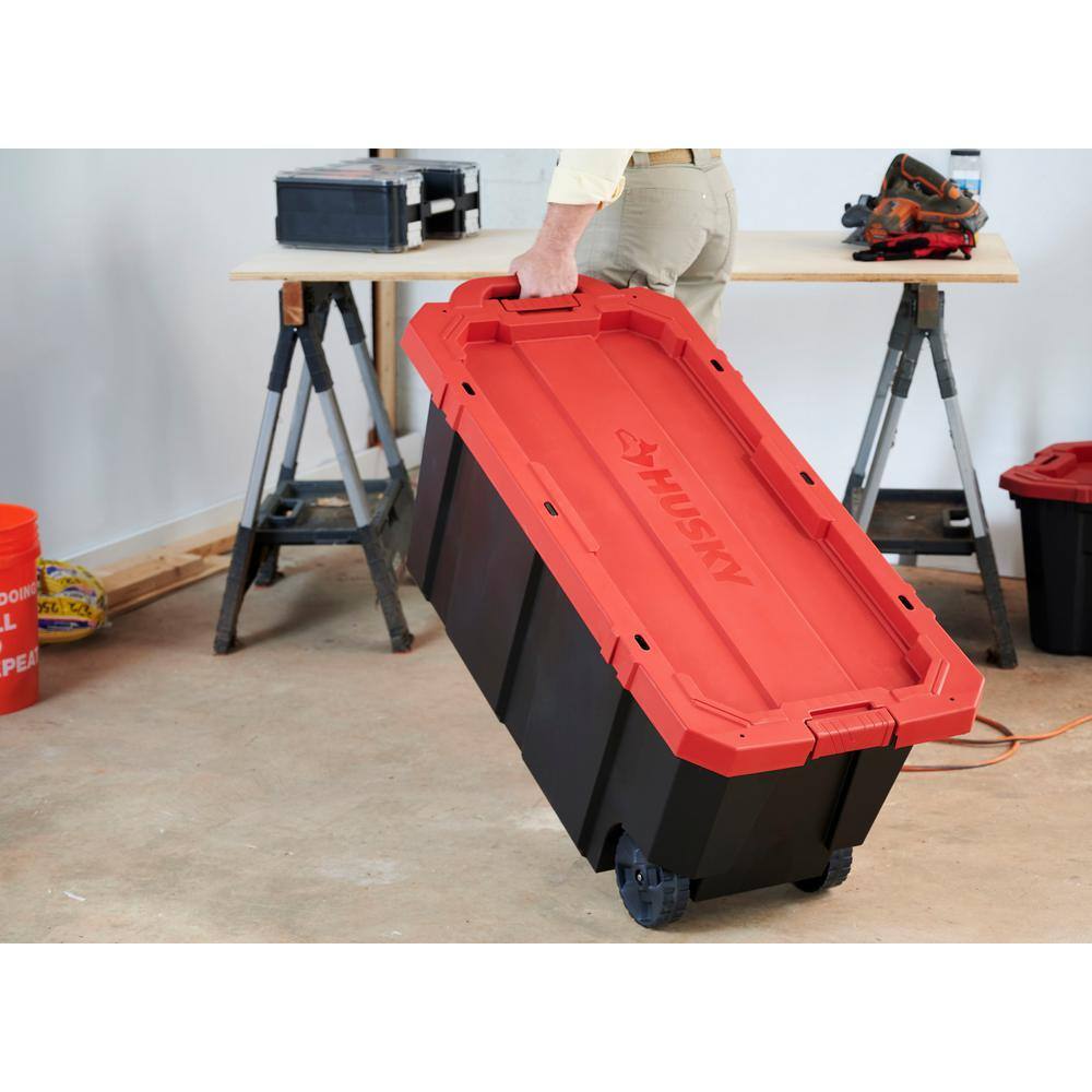 Husky 45 Gal. Heavy Duty Stackable Storage Tote with Wheels, Lockable Black Base &amp; Red Lid
