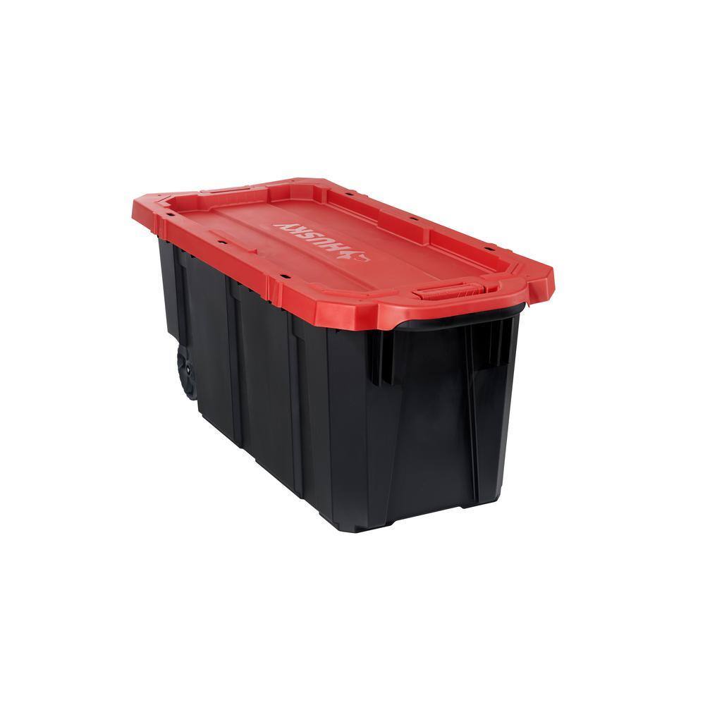 Husky 45 Gal. Heavy Duty Stackable Storage Tote with Wheels, Lockable Black Base &amp; Red Lid
