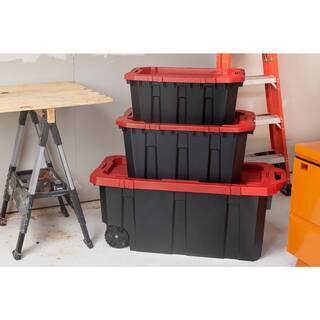 Husky 45 Gal. Heavy Duty Stackable Storage Tote with Wheels, Lockable Black Base &amp; Red Lid