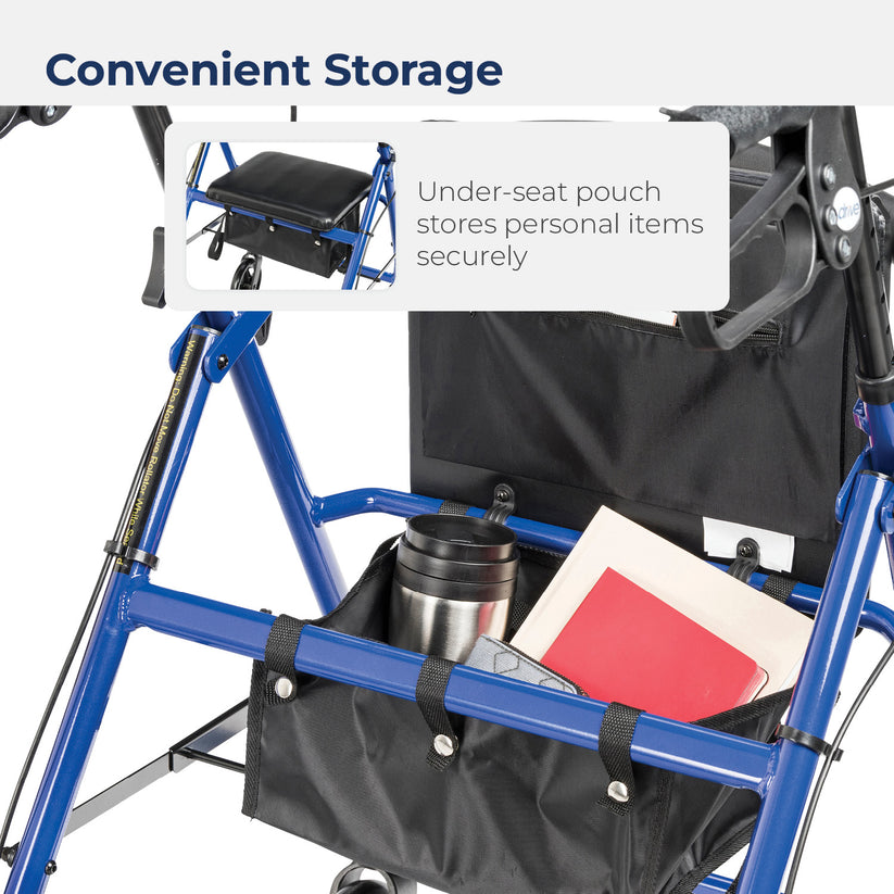 Drive Medical 4-Wheel Rollator Walker, Foldable, Padded Seat &amp; Backrest, 6-Inch Wheels, Blue