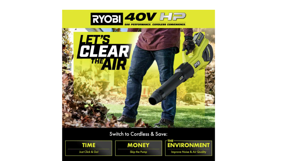 RYOBI 40V HP Brushless Cordless Leaf Blower, 730 CFM, 190 MPH, Includes 2x 4.0 Ah Batteries &amp; Charger, 57 dB Quiet