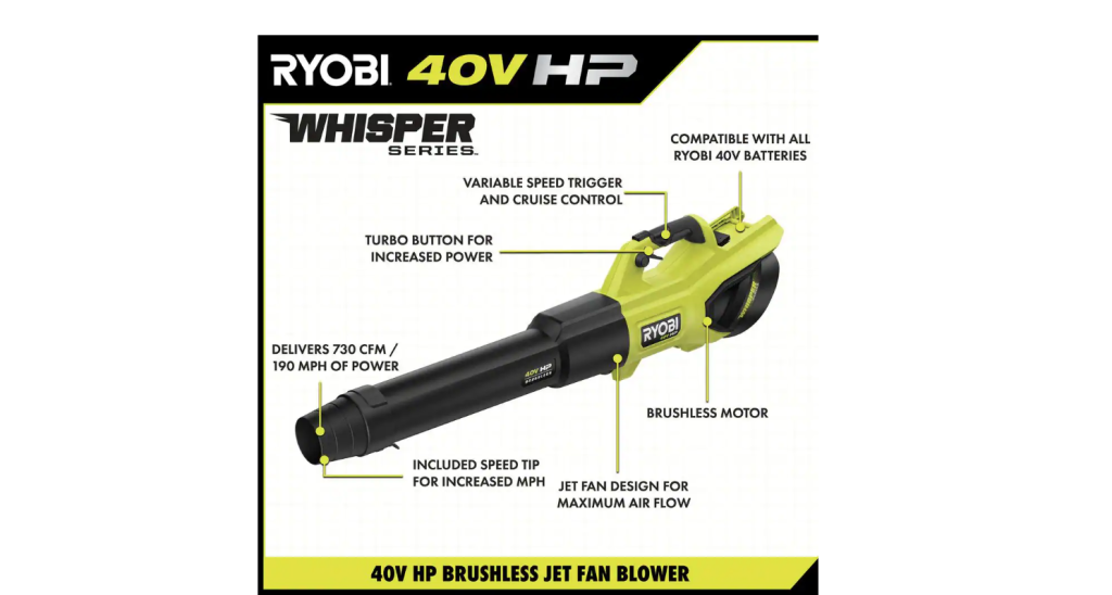RYOBI 40V HP Brushless Cordless Leaf Blower, 730 CFM, 190 MPH, Includes 2x 4.0 Ah Batteries &amp; Charger, 57 dB Quiet