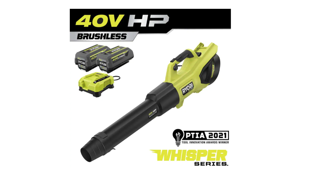 RYOBI 40V HP Brushless Cordless Leaf Blower, 730 CFM, 190 MPH, Includes 2x 4.0 Ah Batteries &amp; Charger, 57 dB Quiet