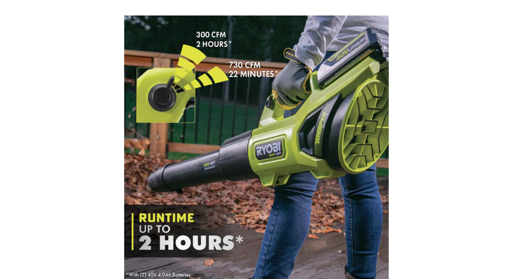 RYOBI 40V HP Brushless Cordless Leaf Blower, 730 CFM, 190 MPH, Includes 2x 4.0 Ah Batteries &amp; Charger, 57 dB Quiet