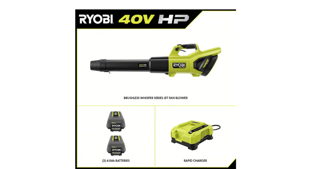 RYOBI 40V HP Brushless Cordless Leaf Blower, 730 CFM, 190 MPH, Includes 2x 4.0 Ah Batteries &amp; Charger, 57 dB Quiet