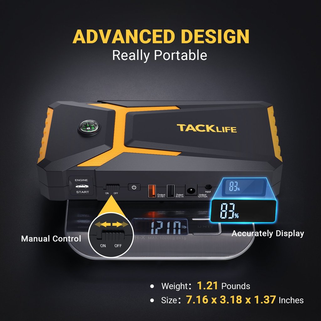 TACKLIFE T8 Car Jump Starter 800A 18000mAh for 7.0L Gas &amp; 5.5L Diesel, 12V Battery Booster with Quick Charge &amp; Safety Features