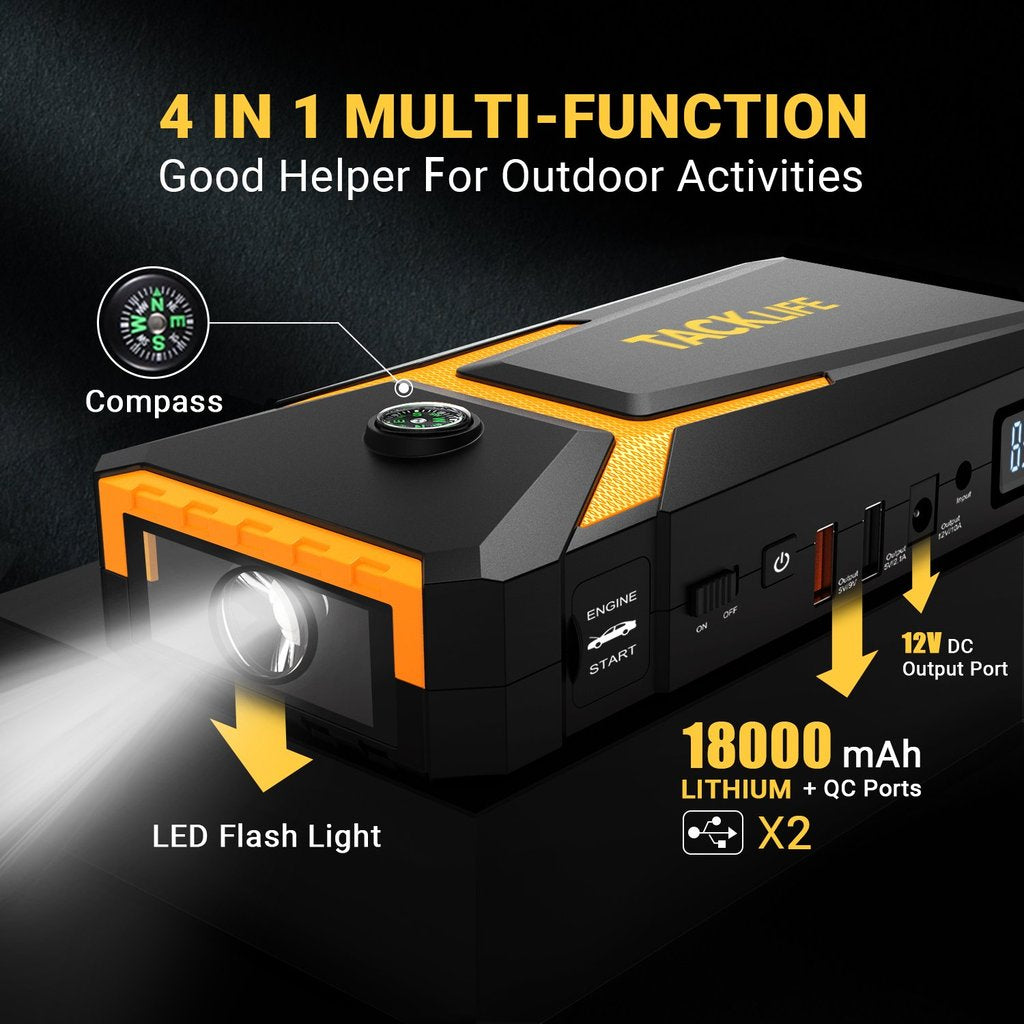 TACKLIFE T8 Car Jump Starter 800A 18000mAh for 7.0L Gas &amp; 5.5L Diesel, 12V Battery Booster with Quick Charge &amp; Safety Features