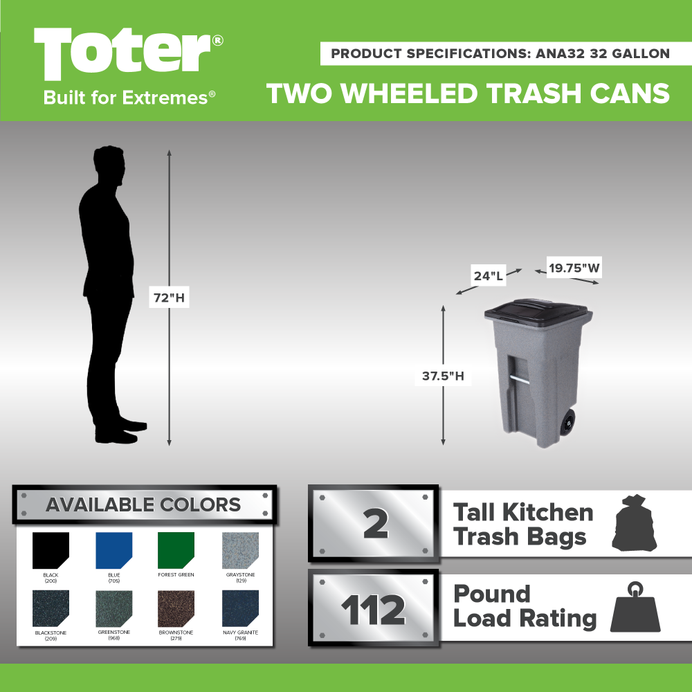 Toter 32 Gallon Greenstone Trash Can with Quiet Wheels &amp; Attached Lid - Durable Indoor/Outdoor Waste &amp; Recycling Container