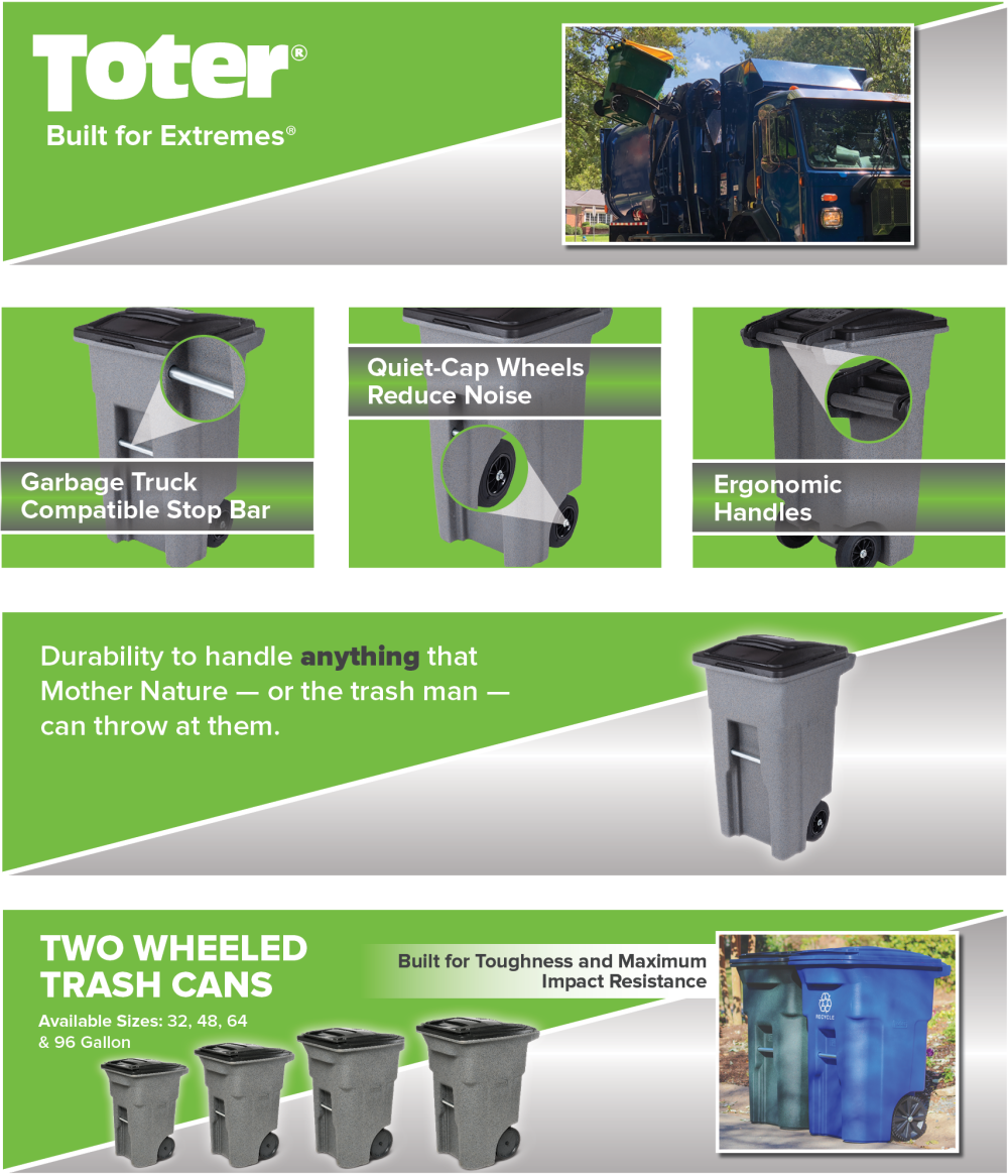 Toter 32 Gallon Greenstone Trash Can with Quiet Wheels &amp; Attached Lid - Durable Indoor/Outdoor Waste &amp; Recycling Container