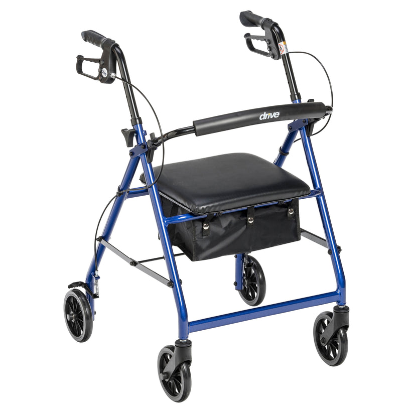 Drive Medical 4-Wheel Rollator Walker, Foldable, Padded Seat &amp; Backrest, 6-Inch Wheels, Blue