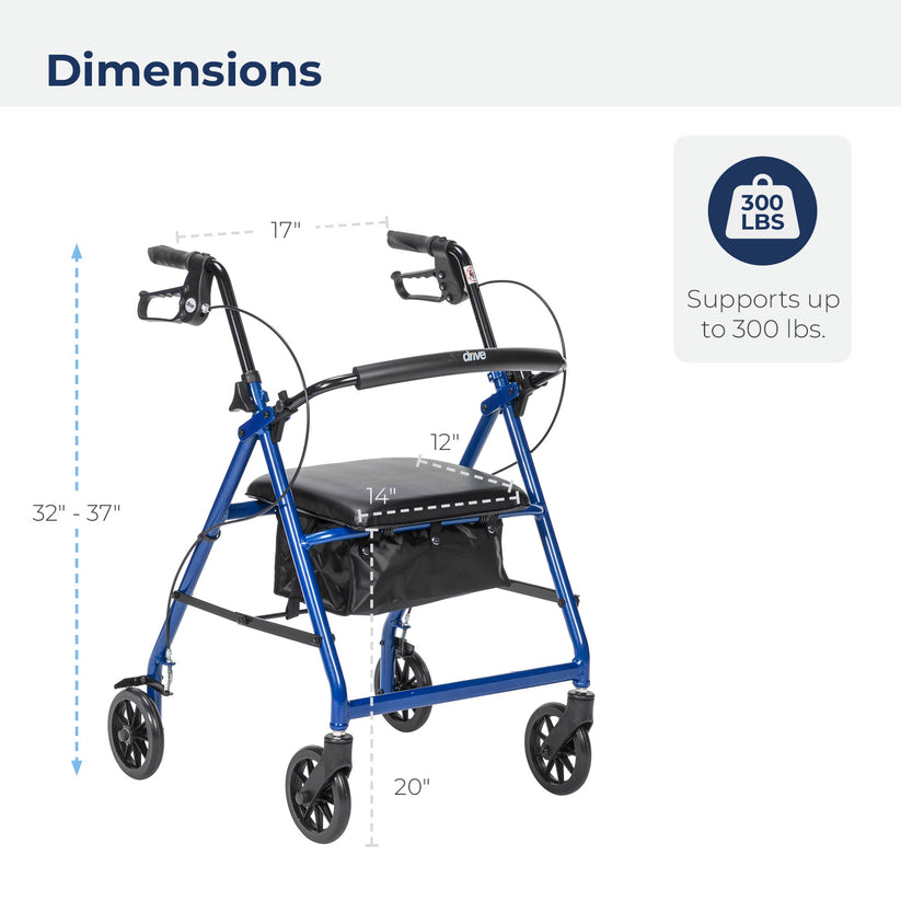 Drive Medical 4-Wheel Rollator Walker, Foldable, Padded Seat &amp; Backrest, 6-Inch Wheels, Blue