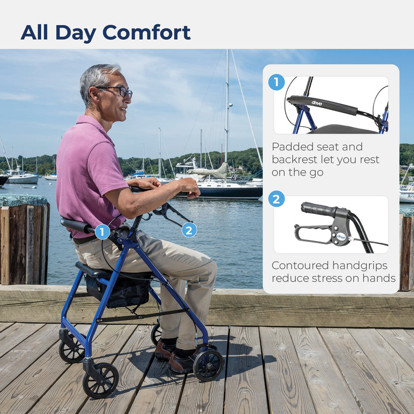 Drive Medical 4-Wheel Rollator Walker, Foldable, Padded Seat &amp; Backrest, 6-Inch Wheels, Blue