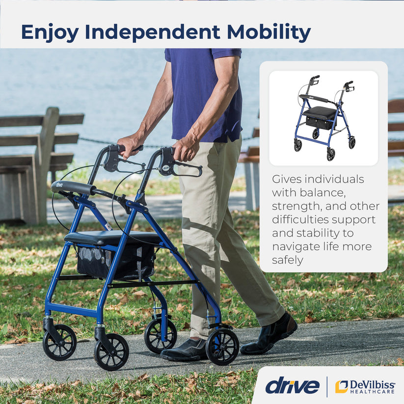 Drive Medical 4-Wheel Rollator Walker, Foldable, Padded Seat &amp; Backrest, 6-Inch Wheels, Blue