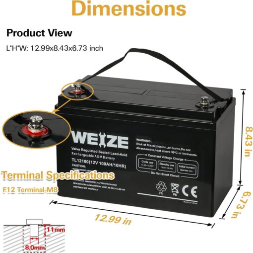 AGM 12 Volt 100Ah Battery, Maintenance-Free, 3% Self-Discharge Rate, 1150A Max Discharge Current, Perfect for RV, Solar - Image 4