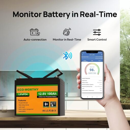 ECO-WORTHY 12V 100AH LiFePO4 Lithium Battery with Bluetooth, Max.1280Wh Energy - Image 4